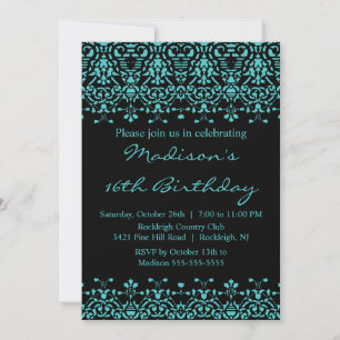 Turquoise Damask Sweet Sixteen Birthday Invitation