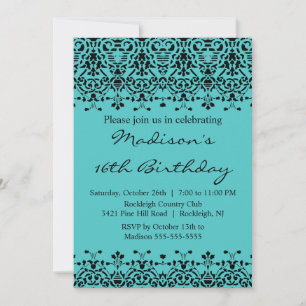 Turquoise Damask Sweet Sixteen Birthday Invitation