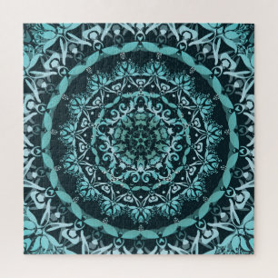 Turquoise Dark Green Damask Mandala Jigsaw Puzzle