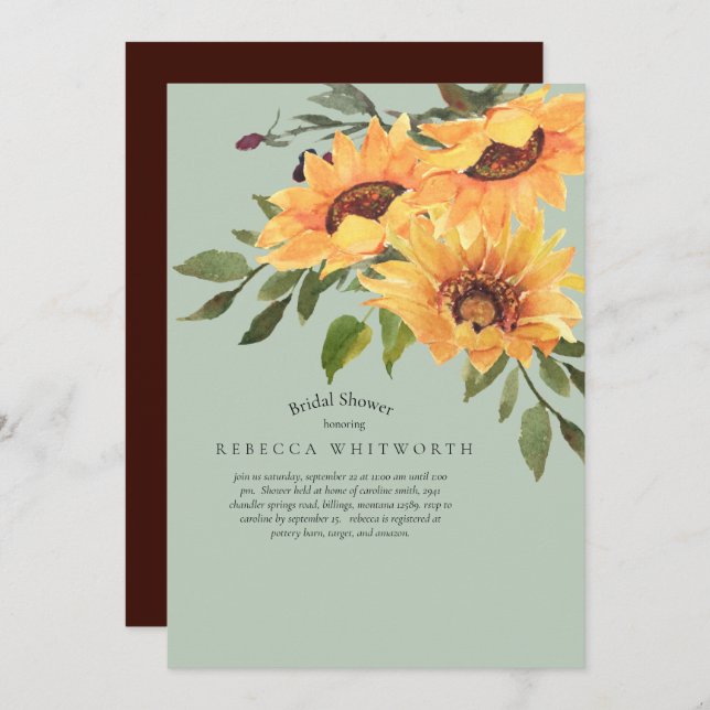 Turquoise & Deep Plum Sunflower Bridal Shower Invitation (Front/Back)