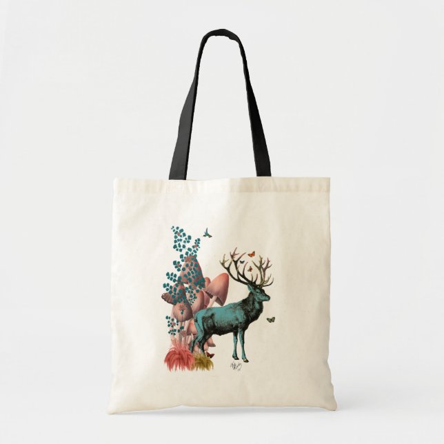 Turquoise Deer in Mushroom Forest Tote Bag (Front)