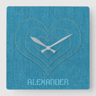 Turquoise Denim Jeans 3 Hearts, Personalised Name Square Wall Clock