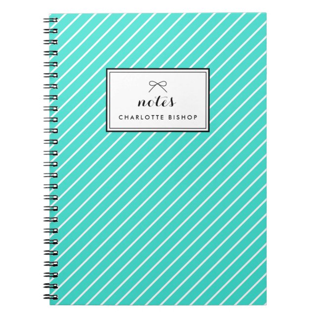 Turquoise Diagonal Stripes Pattern Personalised Notebook (Front)