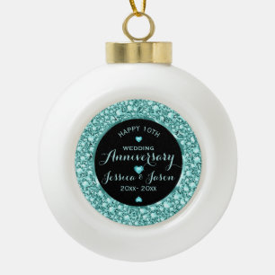 Turquoise Diamonds Glitter 10th Anniversary Ceramic Ball Christmas Ornament