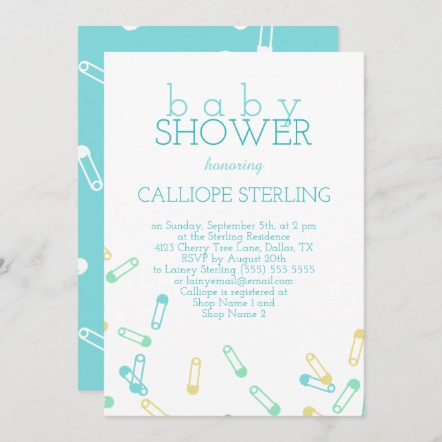 Turquoise Diaper Pins Baby Shower Invitation (Front/Back)