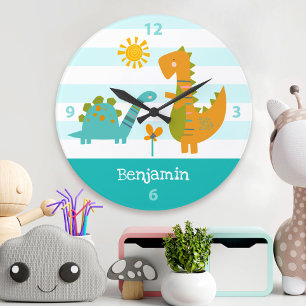 Turquoise Dinosaur Boy Name Nursery Kawaii Cute Large Clock