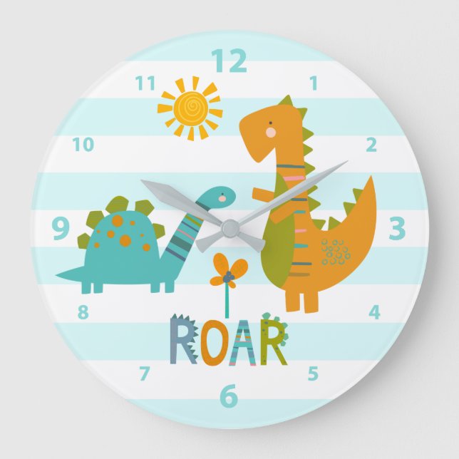 Turquoise Dinosaur Boy Nursery Roar Kawaii Cute Large Clock (Front)