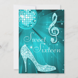 Turquoise Disco Ball and Sparkle Heels Sweet 16 Invitation