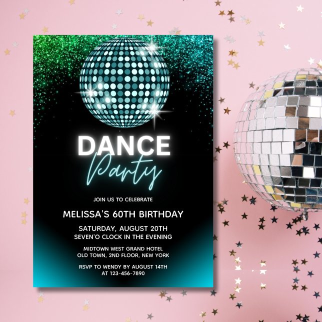 Turquoise Disco Ball Glitter Dance Party Birthday Invitation (Creator Uploaded)