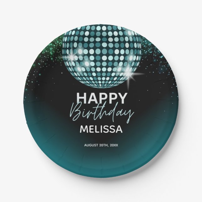Turquoise Disco Glitter Dance Party Birthday  Paper Plate (Front)