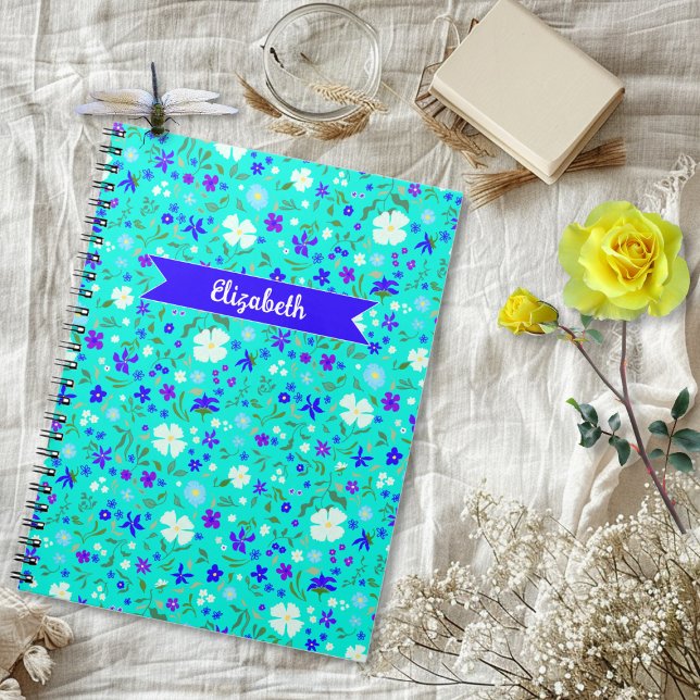 Turquoise Ditsy Floral Illustrated Personalized Notebook (Creator Uploaded)