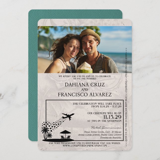 Turquoise Dominican Republic Passport Wedding Invitation (Front/Back)