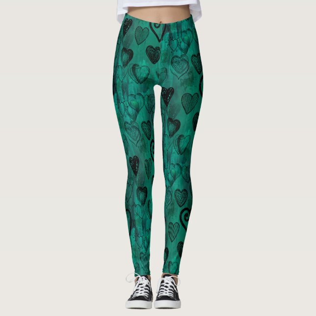Turquoise Doodle Grunge Hearts Leggings (Front)