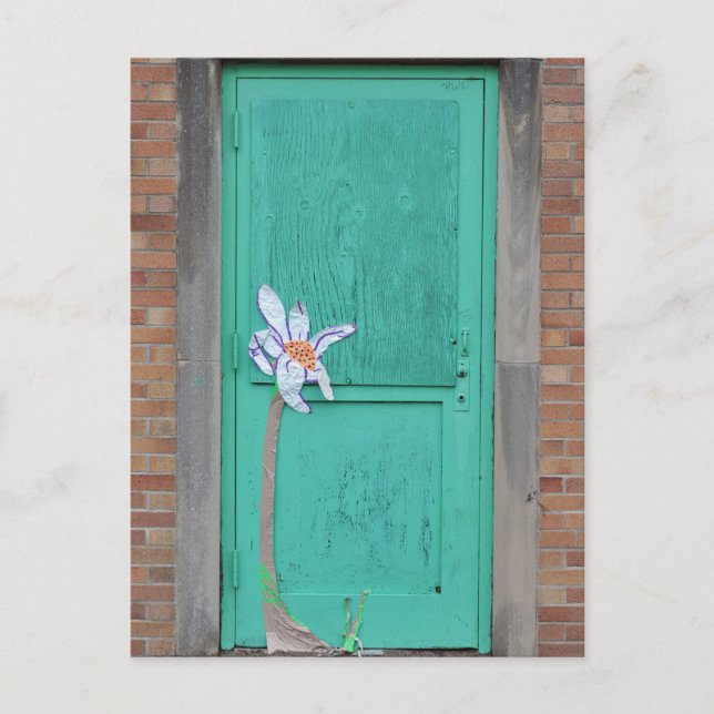 Turquoise door with paper flower postcard (Front)