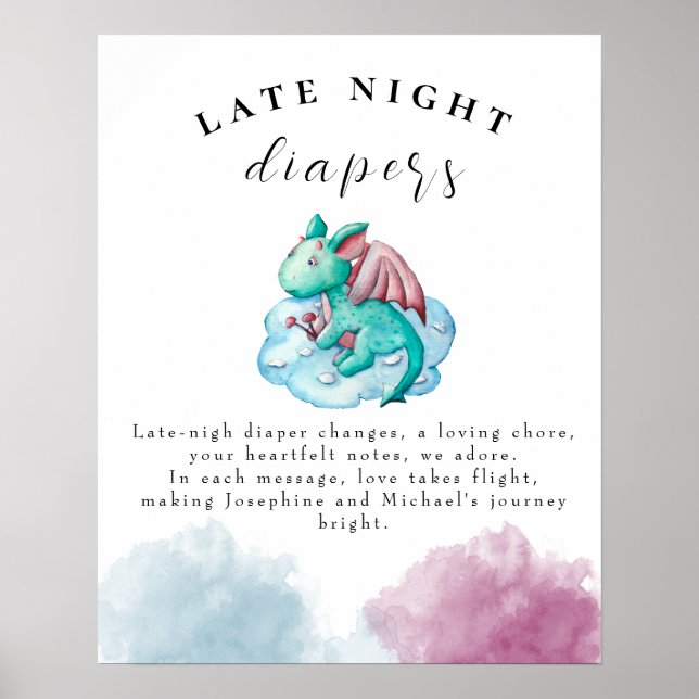 Turquoise Dragon Baby Shower Late Night Diapers  Poster (Front)