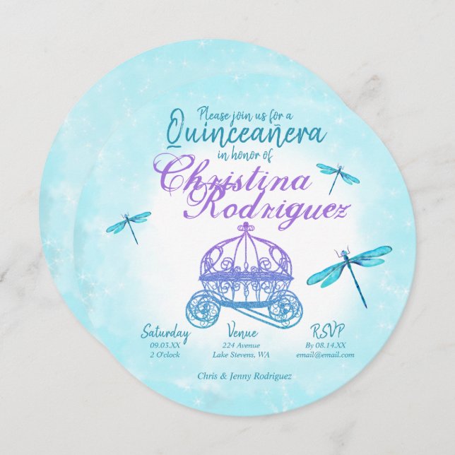 Turquoise Dragonflies, Purple Quinceañera Invitation (Front/Back)