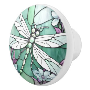 Turquoise Dragonfly Art Nouveau Deco Stained Glass Ceramic Knob
