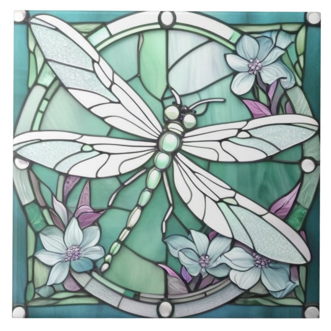 Turquoise Dragonfly Art Nouveau Deco Stained Glass Ceramic Tile (Front)