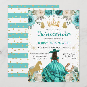 Turquoise Dress Brunette Princess Quinceanera Invitation