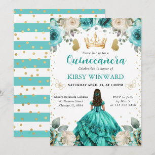 Turquoise Dress Brunette Princess Quinceanera Invitation