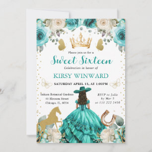 Turquoise Dress Brunette Princess Sweet 16 Invitation