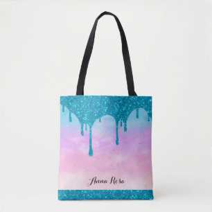 *~* Turquoise Drip Glitter Pastel Pink Ombre Sky Tote Bag