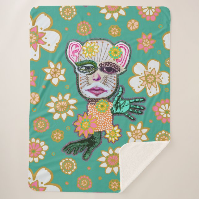 Turquoise Drollery Floral by Natalie Schorr Sherpa Blanket (Front)