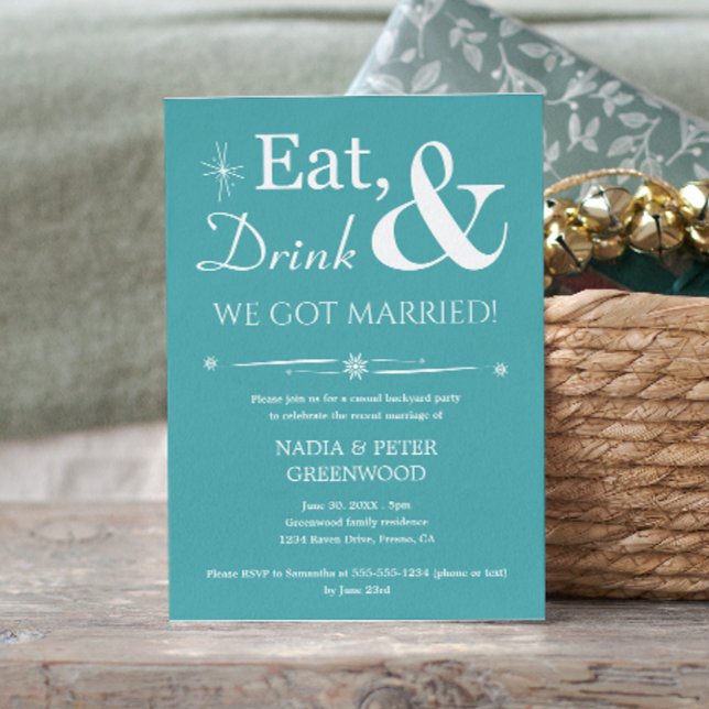 Turquoise Eat Drink We Got Married Elopement Party Invitation (Creator Uploaded)