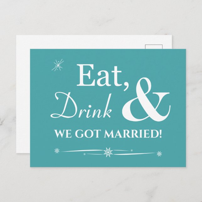 Turquoise Eat Drink We Got Married Retro Elopement Postcard (Front/Back)