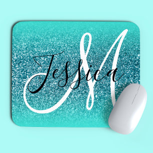 Turquoise Edge Ombre Teal Glitter Monogram Mouse Pad
