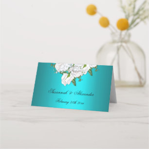 Turquoise Elegance and White Roses Wedding Place Card