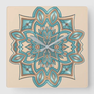 Turquoise Elegance Mandala Square Wall Clock