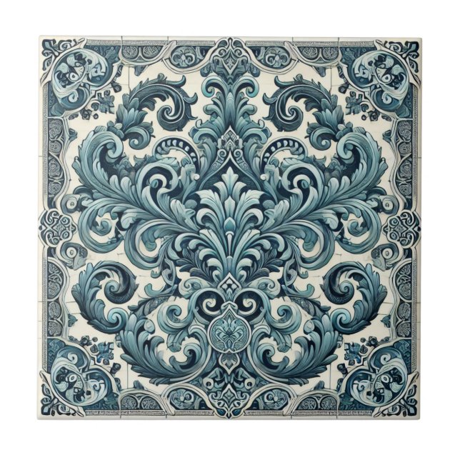 Turquoise Elegance - Portuguese Inspired Design Ceramic Tile (Front)
