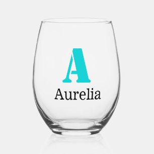 Turquoise Elegant Initial Black Name Modern Stemless Wine Glass