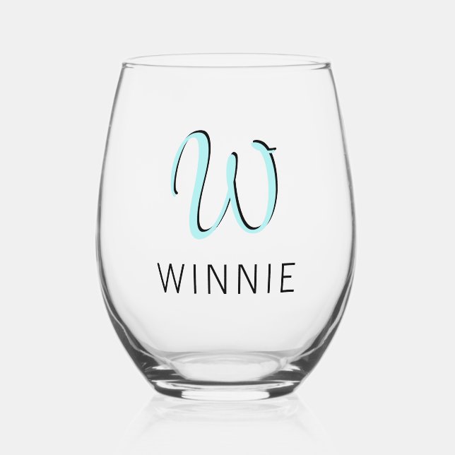Turquoise Elegant Initial Black Name | Modern  Stemless Wine Glass (Front)