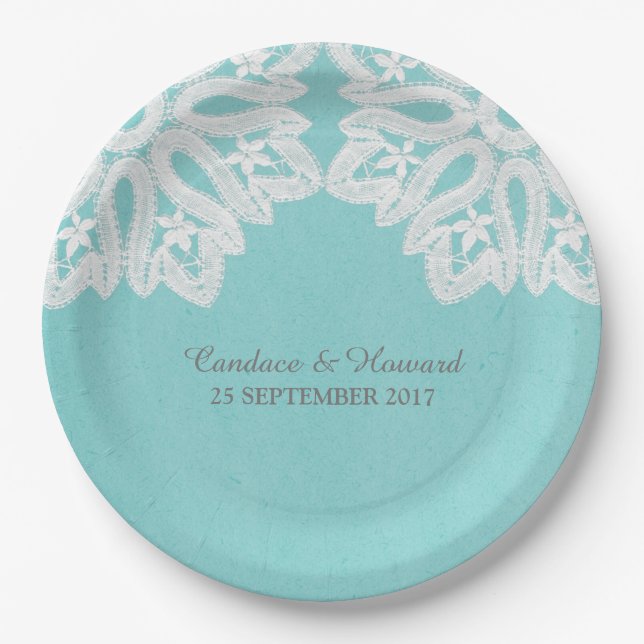 Turquoise Elegant Lace Paper Plates (Front)
