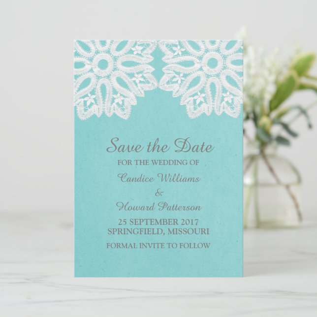 Turquoise Elegant Lace Save the Date Invite (Standing Front)