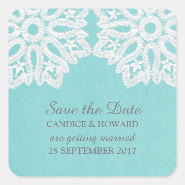 Turquoise Elegant Lace Save the Date Stickers (Front)