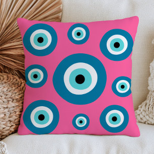 Turquoise Evil Eyes On Pastel Pink Bohemian Nazar Cushion