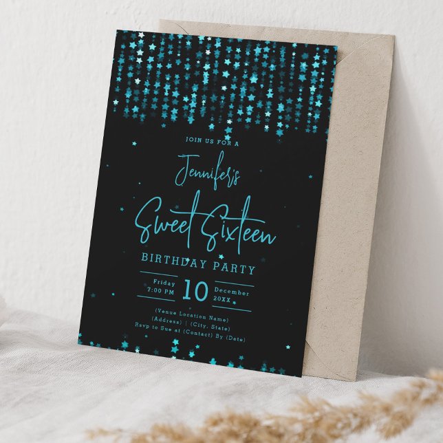 Turquoise Falling Stars Sweet 16 Birthday Party Invitation (Turquoise Falling Stars Sweet 16 Birthday Party Invitation)