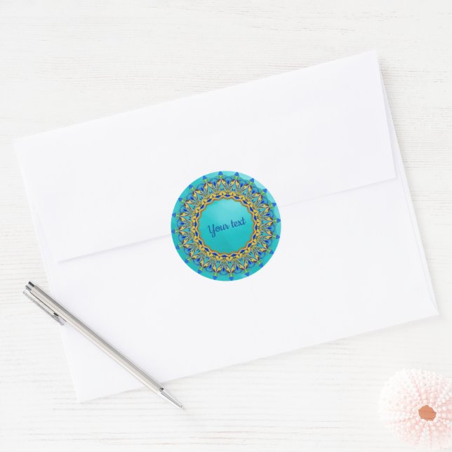 Turquoise fancy mandala template classic round sticker (Envelope)