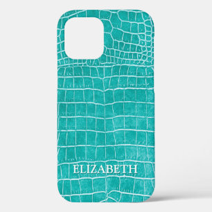 Turquoise Faux Crocodile Leather Personalised Name iPhone 12 Case
