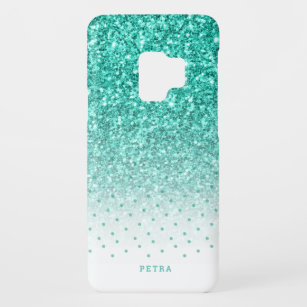 Turquoise faux glitter ombre monogram Case-Mate samsung galaxy s9 case