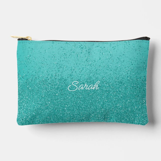 Turquoise Faux Glitter Valentine  Accessory Pouch (Front)