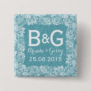 Turquoise Faux Linen & White Floral Lace Frame 15 Cm Square Badge