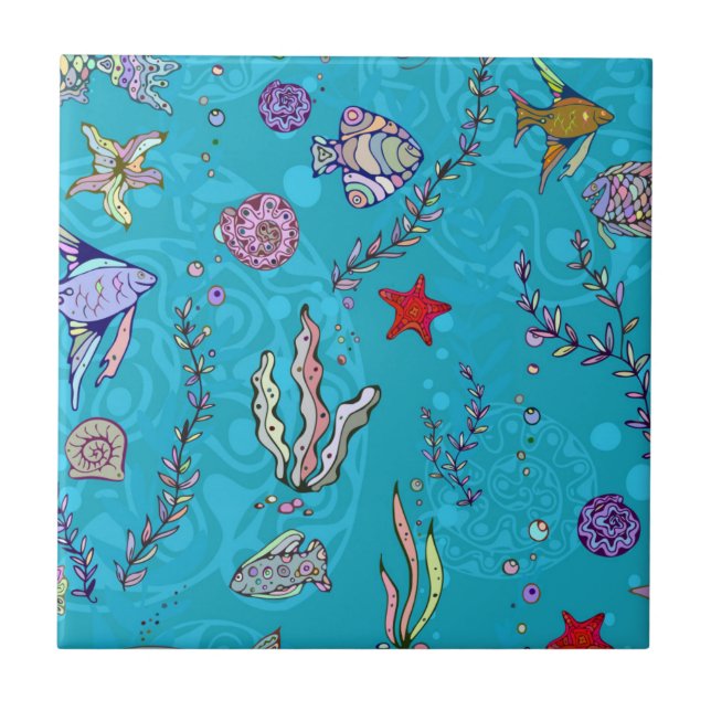 Turquoise Fish Pattern Ceramic Tile (Front)