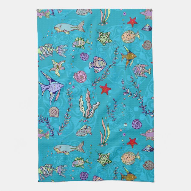 Turquoise Fish Pattern Tea Towel (Vertical)
