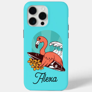 Turquoise Flamingo Surfing iPhone 15 Pro Max Case