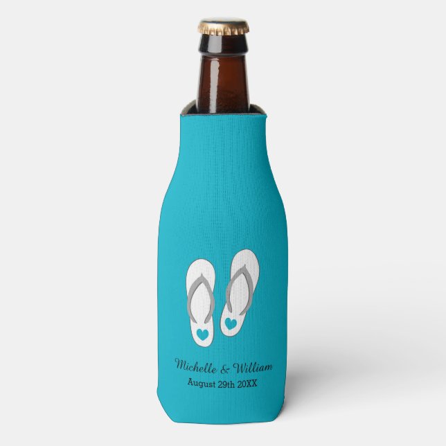 Turquoise flip flops beach wedding bottle coolers (Bottle Front)