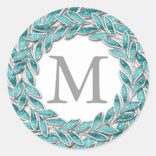 Turquoise Flora Wreath Design Monogram Initial Classic Round Sticker